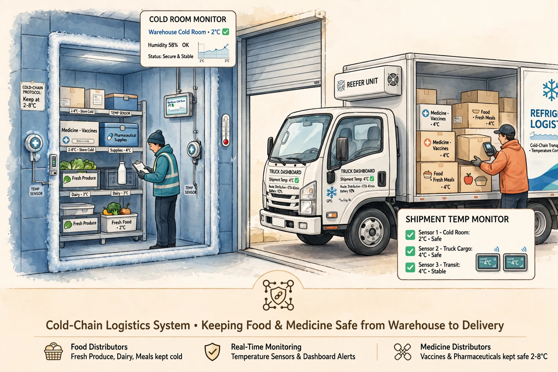 Refrigerated truck and cold room with temperature sensors