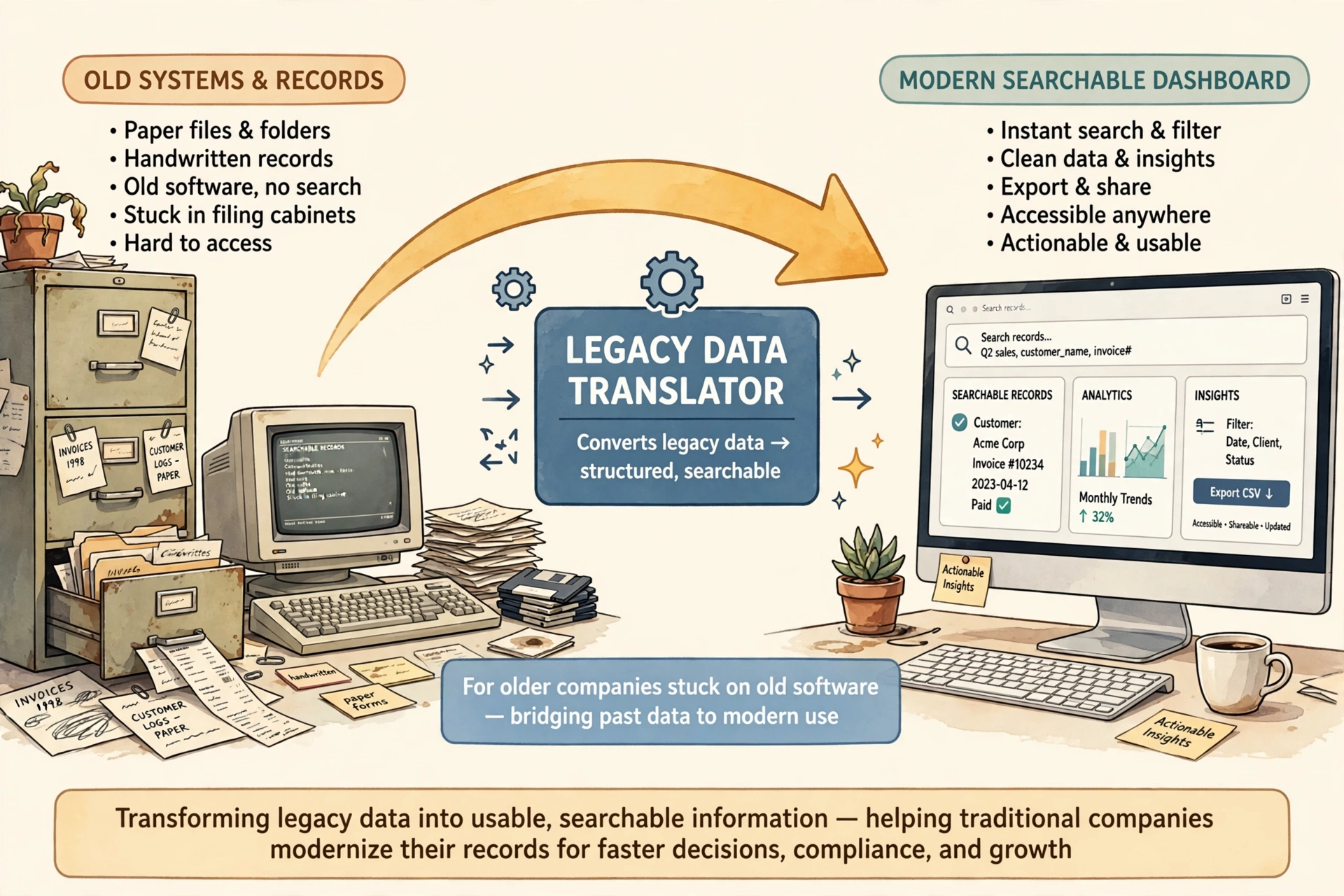 Old paper records turning into a clean modern dashboard
