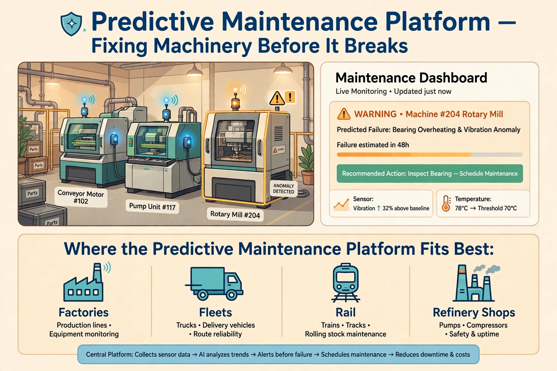 Factory machines with sensors and a dashboard flagging one machine before it breaks