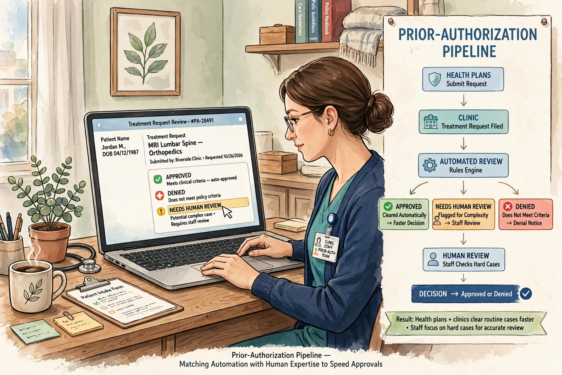 Clinic desk reviewing a treatment request with approve, deny, and human-review outcomes